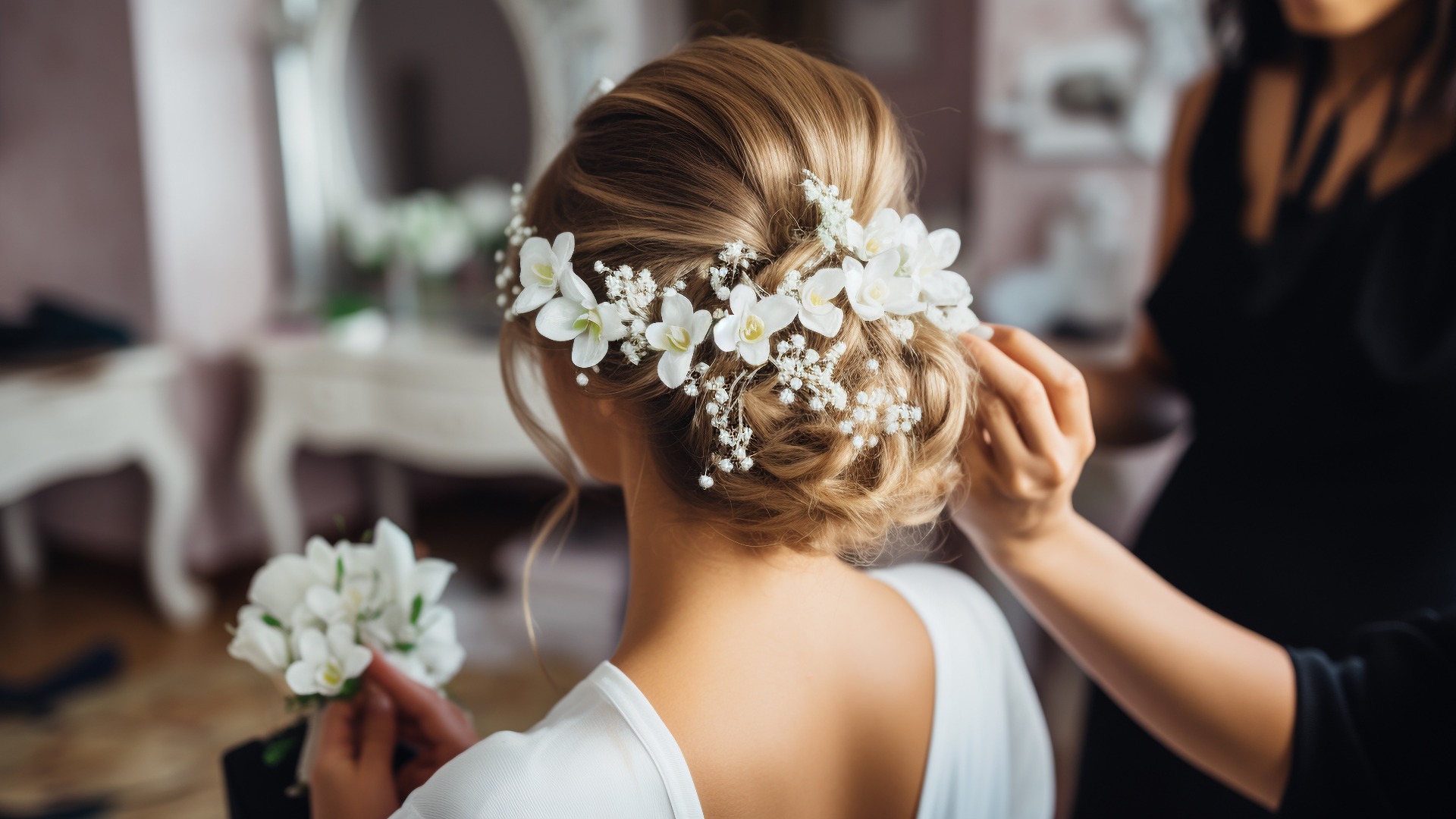Eine junge Braut lässt sich vor ihrer Hochzeit von einem professionellen Friseur die Haare stylen; ihr Haar ist mit eleganten weißen Blumen geschmückt; Platz für Text.