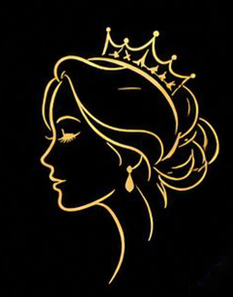 Goldene Linien zeigen das Profil einer eleganten Frau mit Krone und Ohrring auf Schwarz